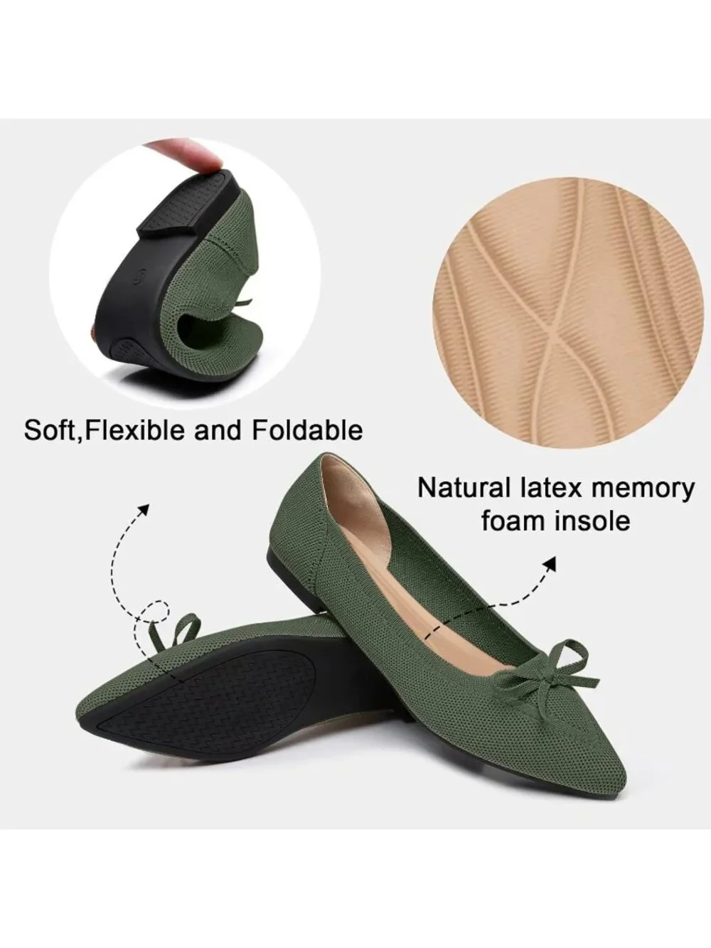 Women's Green Flats Pointed Toe Bow Knit Ballet Shoes Comfortable Dressy Mesh
